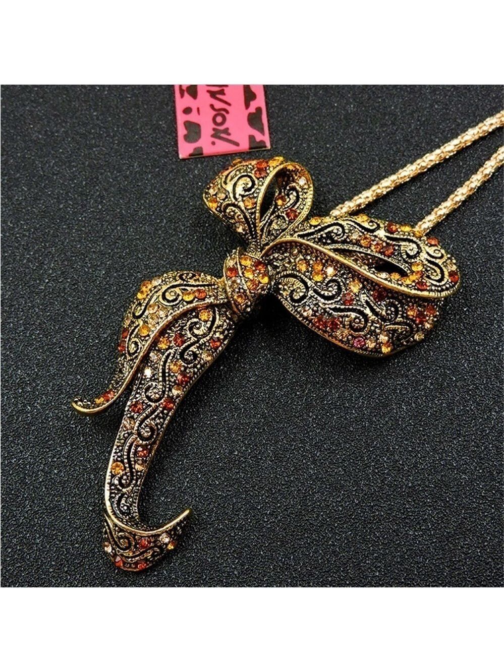 Betsey Johnson Yellow Rhinestone Bow Necklace Brooch - Picture 3 of 4